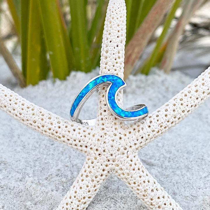 Anillo de Olas de Ópalo Azul Color plata