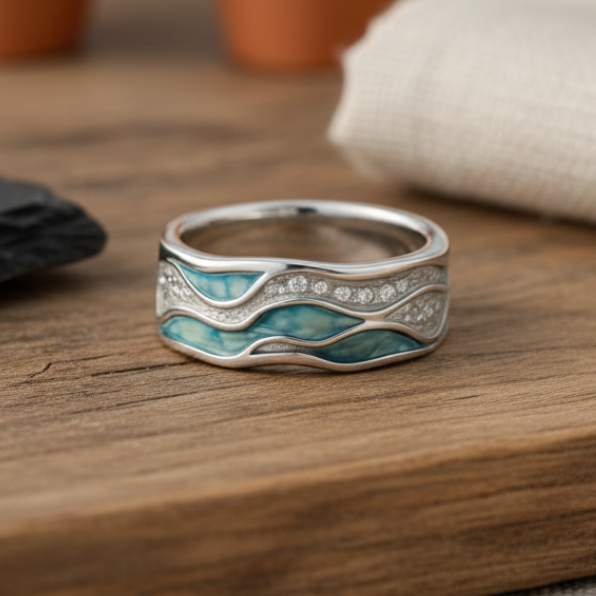 Anillo de Olas de Color plata Elegante en Turquesa