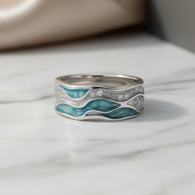 Anillo de Olas de Color plata Elegante en Turquesa