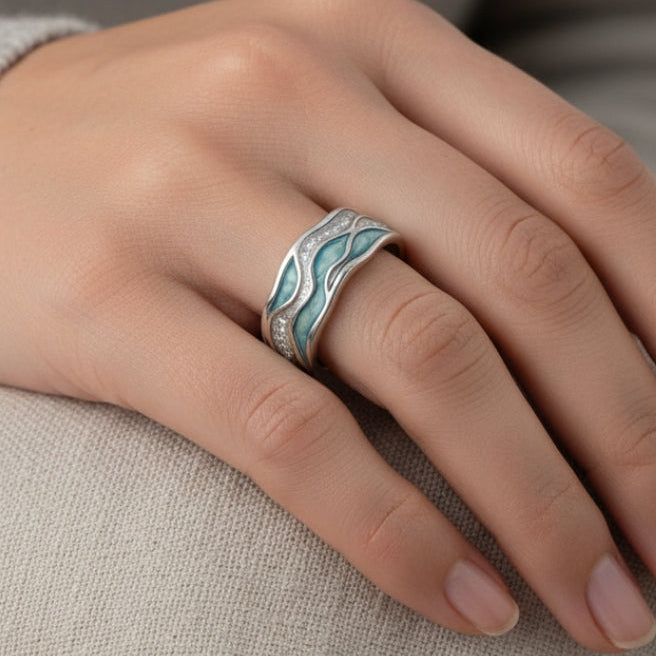 Anillo de Olas de Color plata Elegante en Turquesa