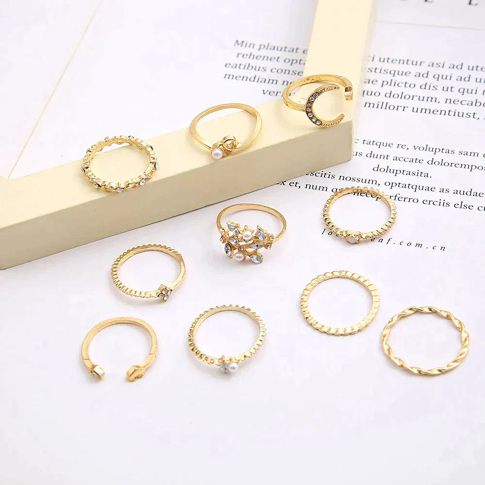 Juego de Anillos Bóhemico de 10 Piezas en Color plata y Color oro