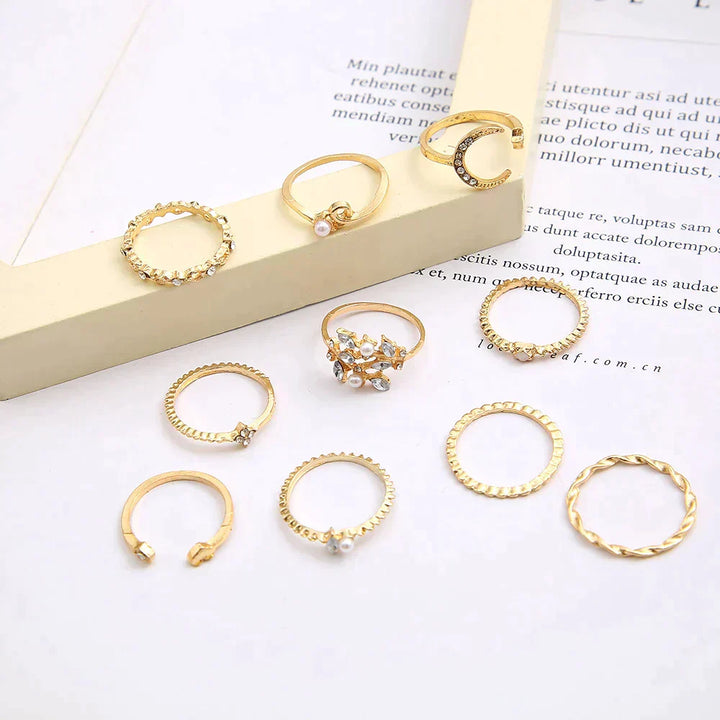 Juego de Anillos Bóhemico de 10 Piezas en Color plata y Color oro