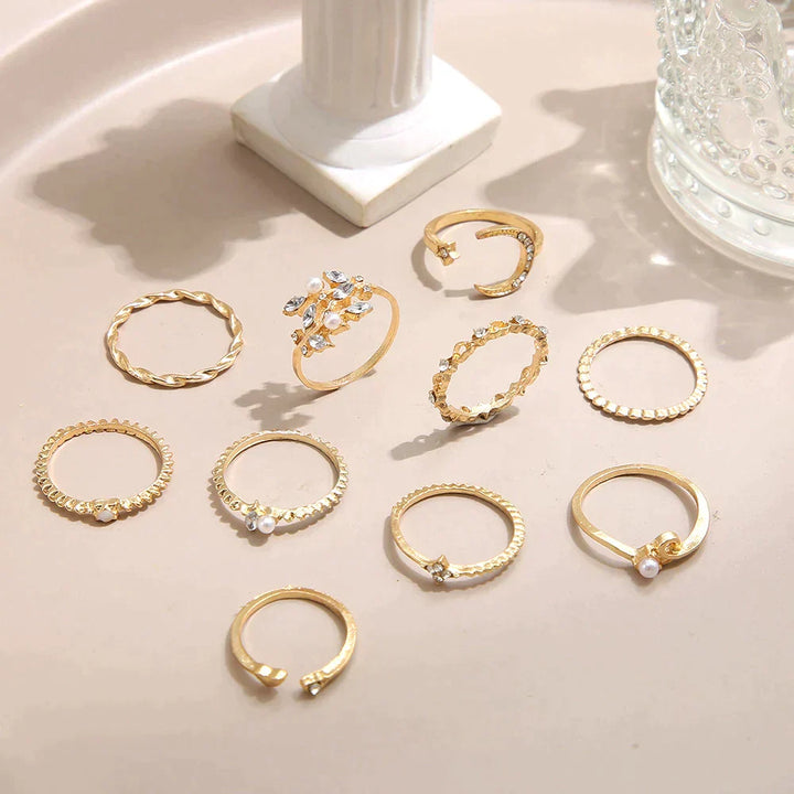 Juego de Anillos Bóhemico de 10 Piezas en Color plata y Color oro