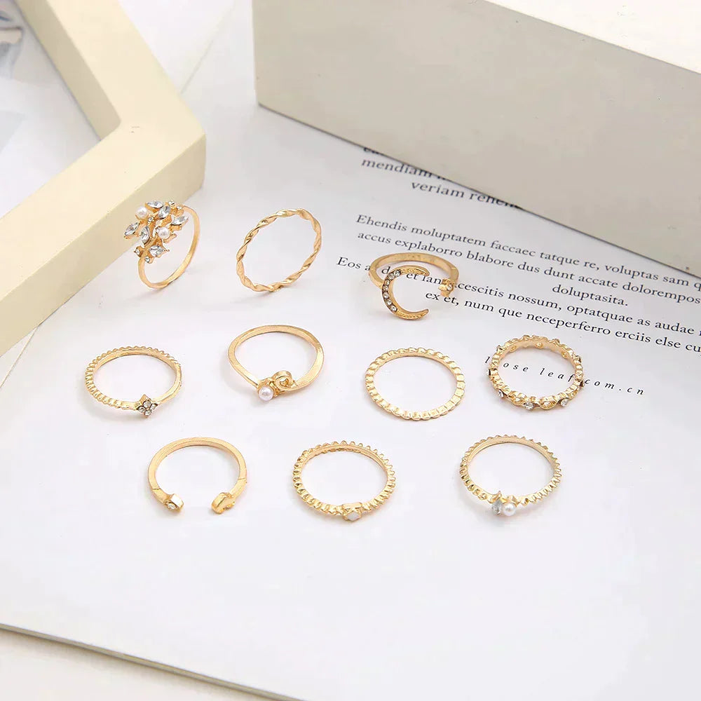 Juego de Anillos Bóhemico de 10 Piezas en Color plata y Color oro
