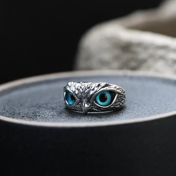 Anillo de Color plata Ajustable con Diseño de Ópalo y Búhos de la Suerte