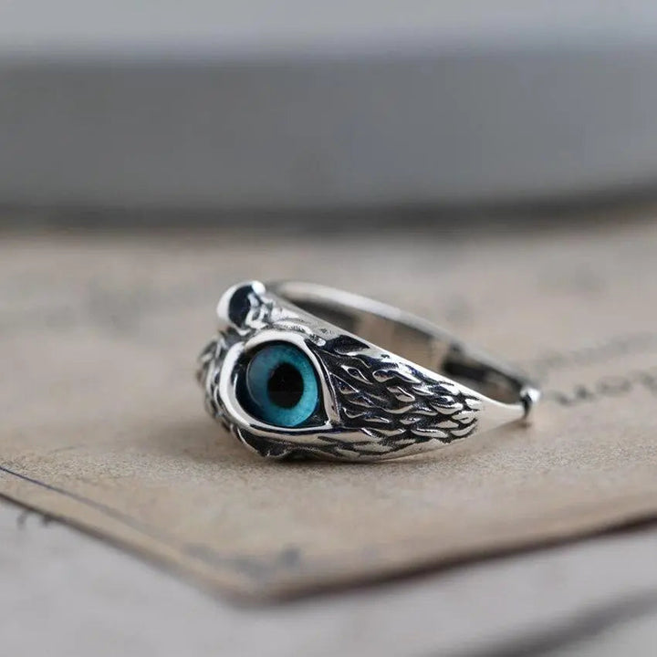 Anillo de Color plata Ajustable con Diseño de Ópalo y Búhos de la Suerte