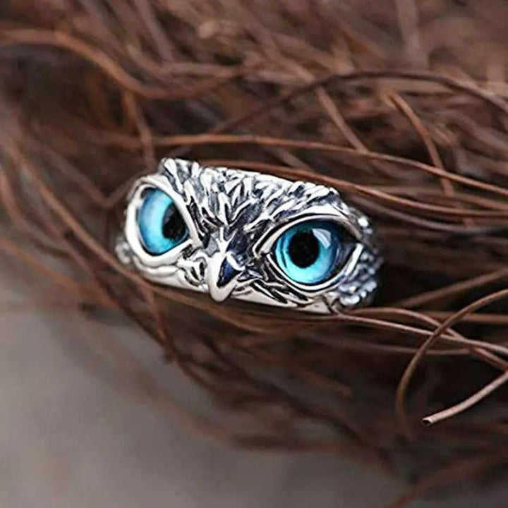 Anillo de Color plata Ajustable con Diseño de Ópalo y Búhos de la Suerte