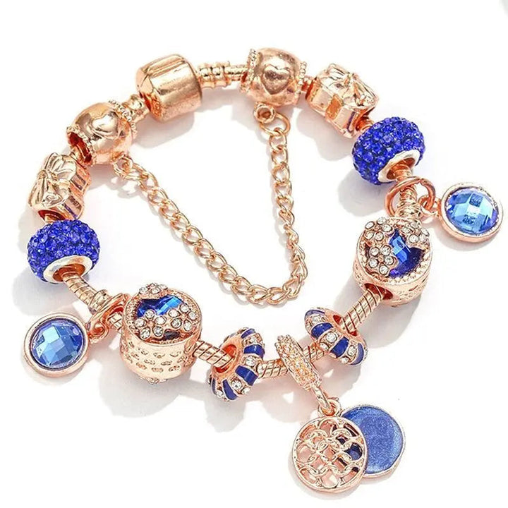 Pulsera en Rosa Color plata con Cristal Azul