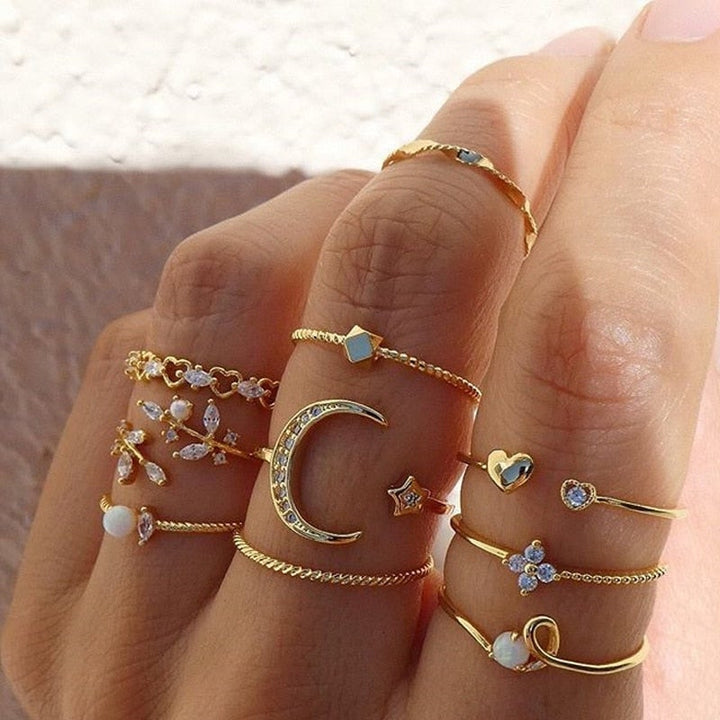 Juego de Anillos Bóhemico de 10 Piezas en Color plata y Color oro