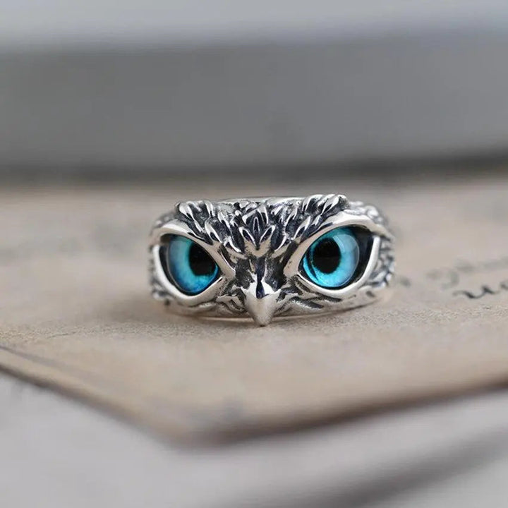 Anillo de Color plata Ajustable con Diseño de Ópalo y Búhos de la Suerte