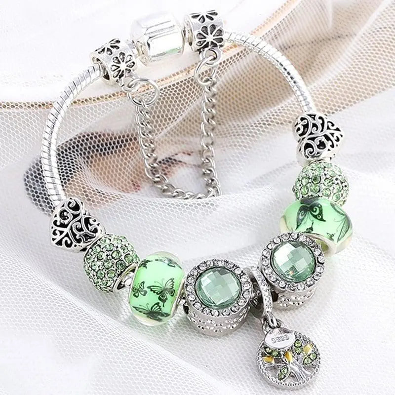 Elegante pulsera de color plata esterlina con cristal verde