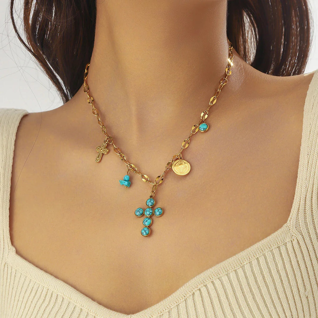 Collar Exclusivo de Cruz de Acero Inoxidable Turquesa