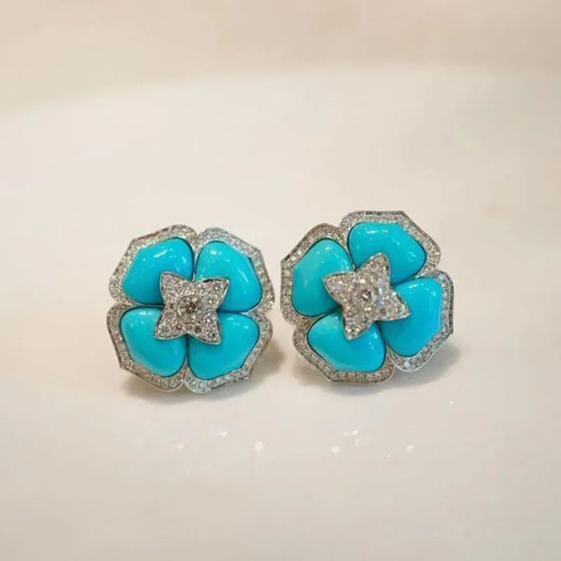 Pendientes de Flor Azul Sofisticados de Color plata