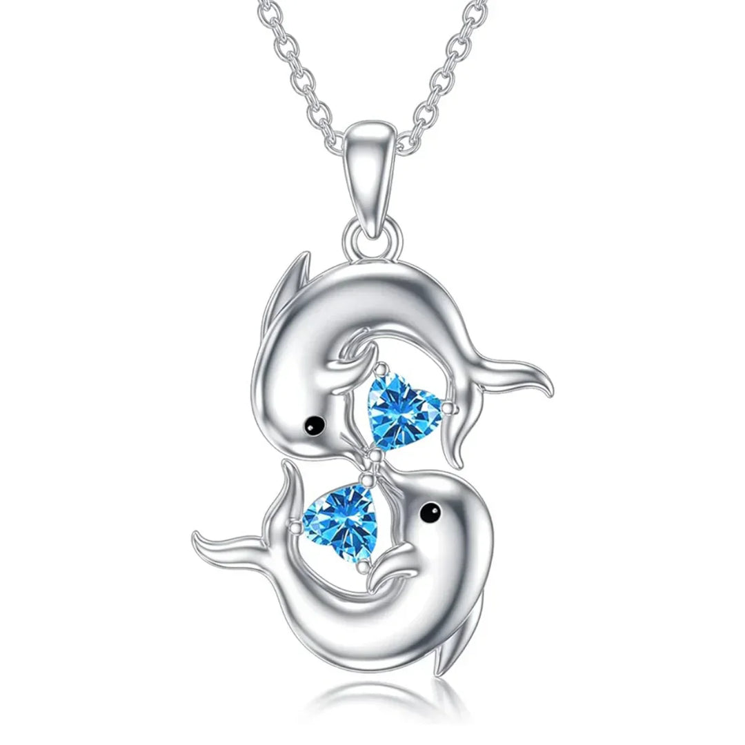 Collar de Cristal Azul con Delfín Gemelo Color plata