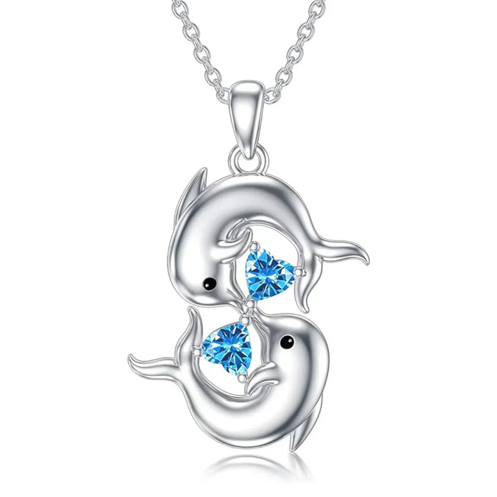 Collar de Cristal Azul con Delfín Gemelo Color plata