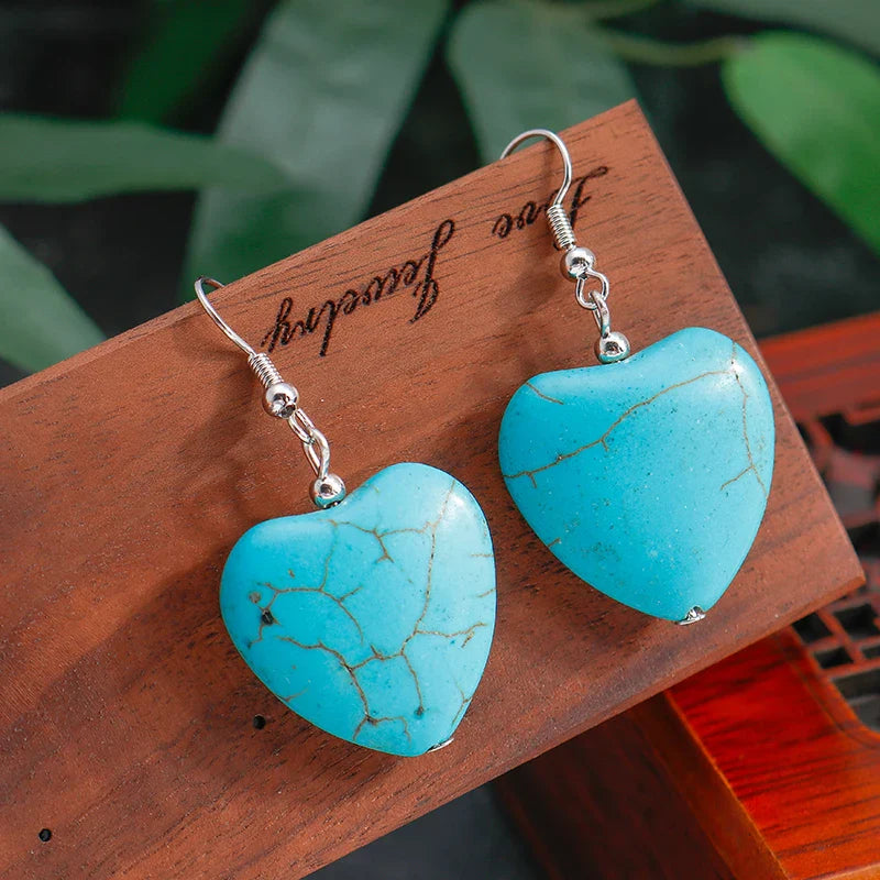 Pendientes de Gotita Corazón de Turquesa Antiguos