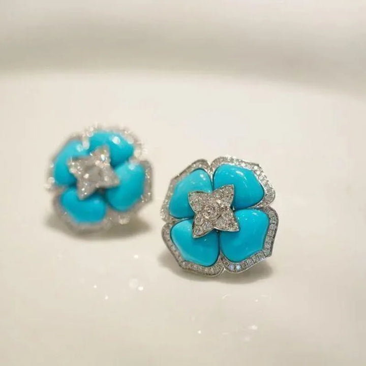 Pendientes de Flor Azul Sofisticados de Color plata