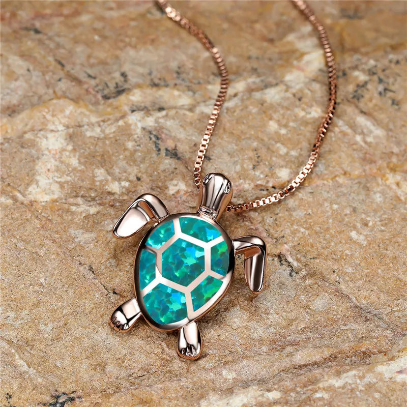 Collar Vintage de Color oro con Colgante de Tortuga de Ópalo de Fuego Verde