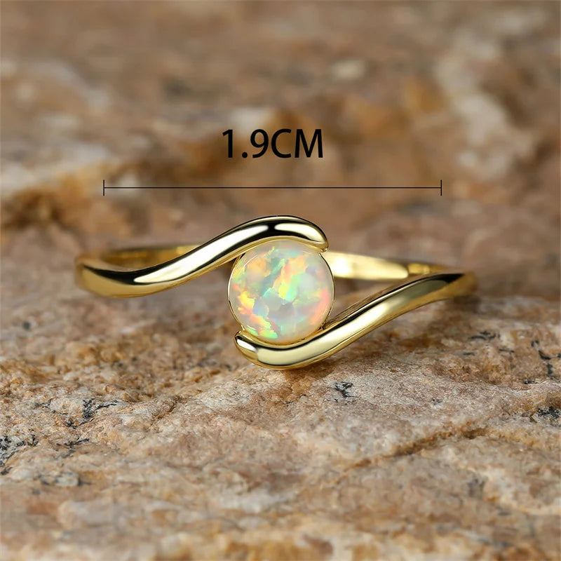 Anillo de Ópalo de Fuego Blanco Arcoíris Redondo Atemporal