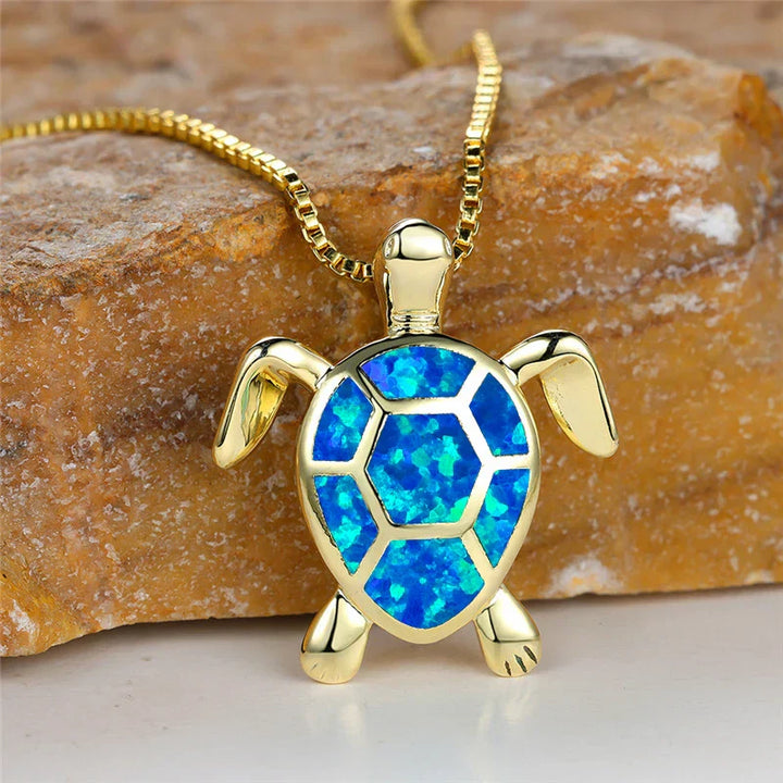 Collar Vintage de Color oro con Colgante de Tortuga de Ópalo de Fuego Verde
