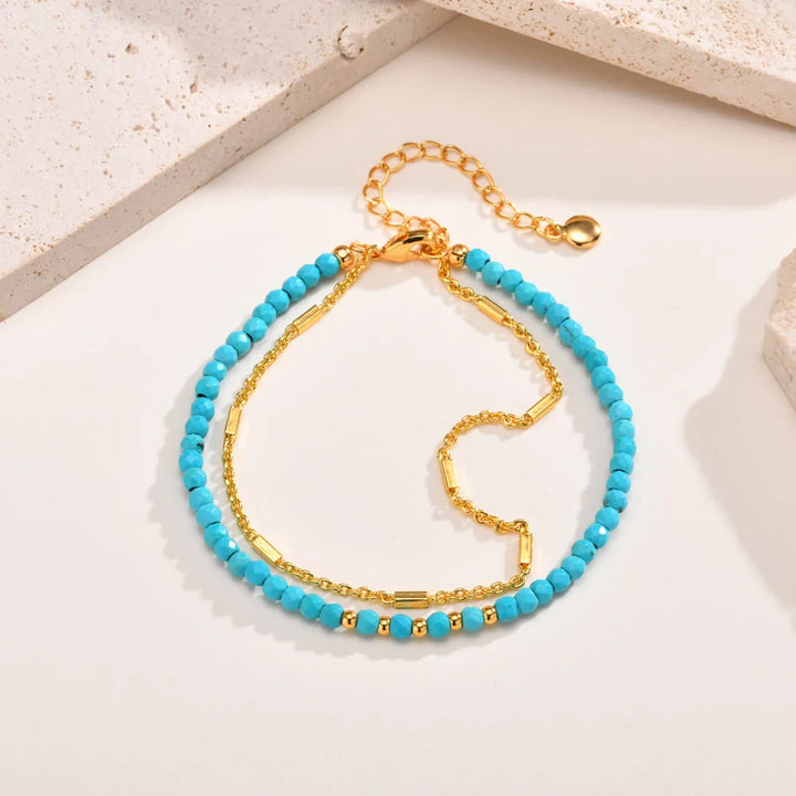 Pulsera de Turquesa de Doble Cadena en Color oro Atemporal