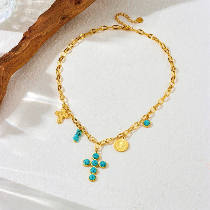Collar Exclusivo de Cruz de Acero Inoxidable Turquesa