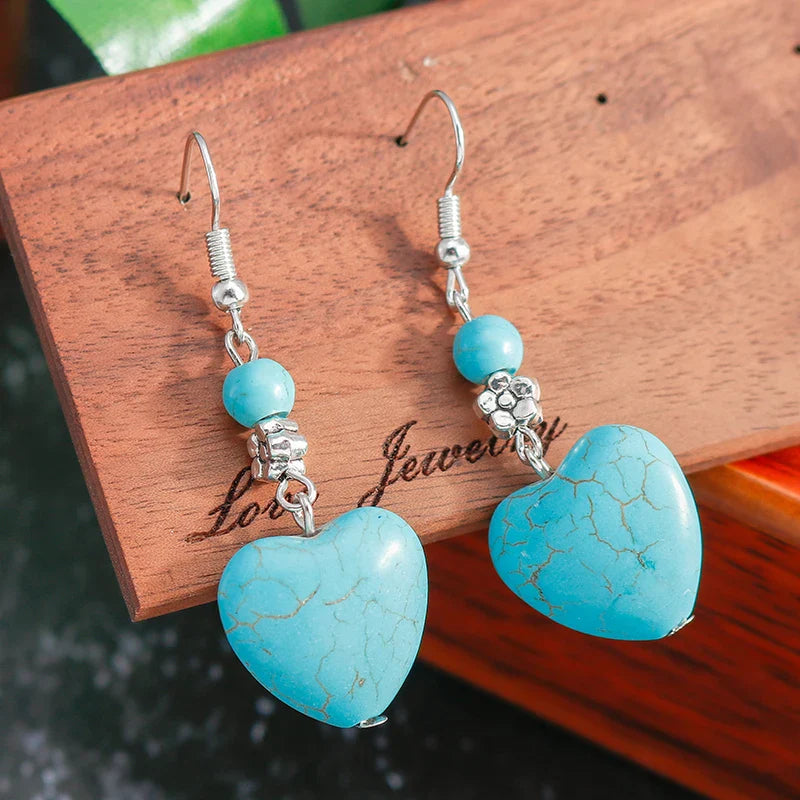 Pendientes de Gotita Corazón de Turquesa Antiguos