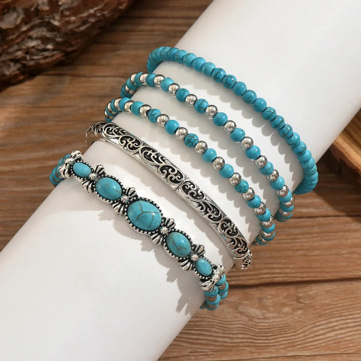 Conjunto de Pulseras de Cuentas Turquesa Bohemio