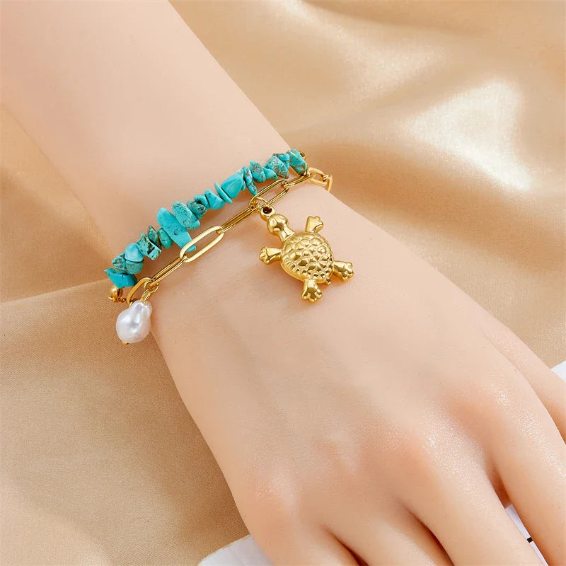 Pulsera Exclusiva de Tortuga de Acero Inoxidable Turquesa