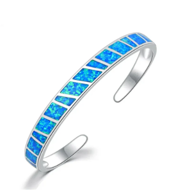 Brazalete Ajustable de Ópalo de Fuego Azul Elegante de Color plata
