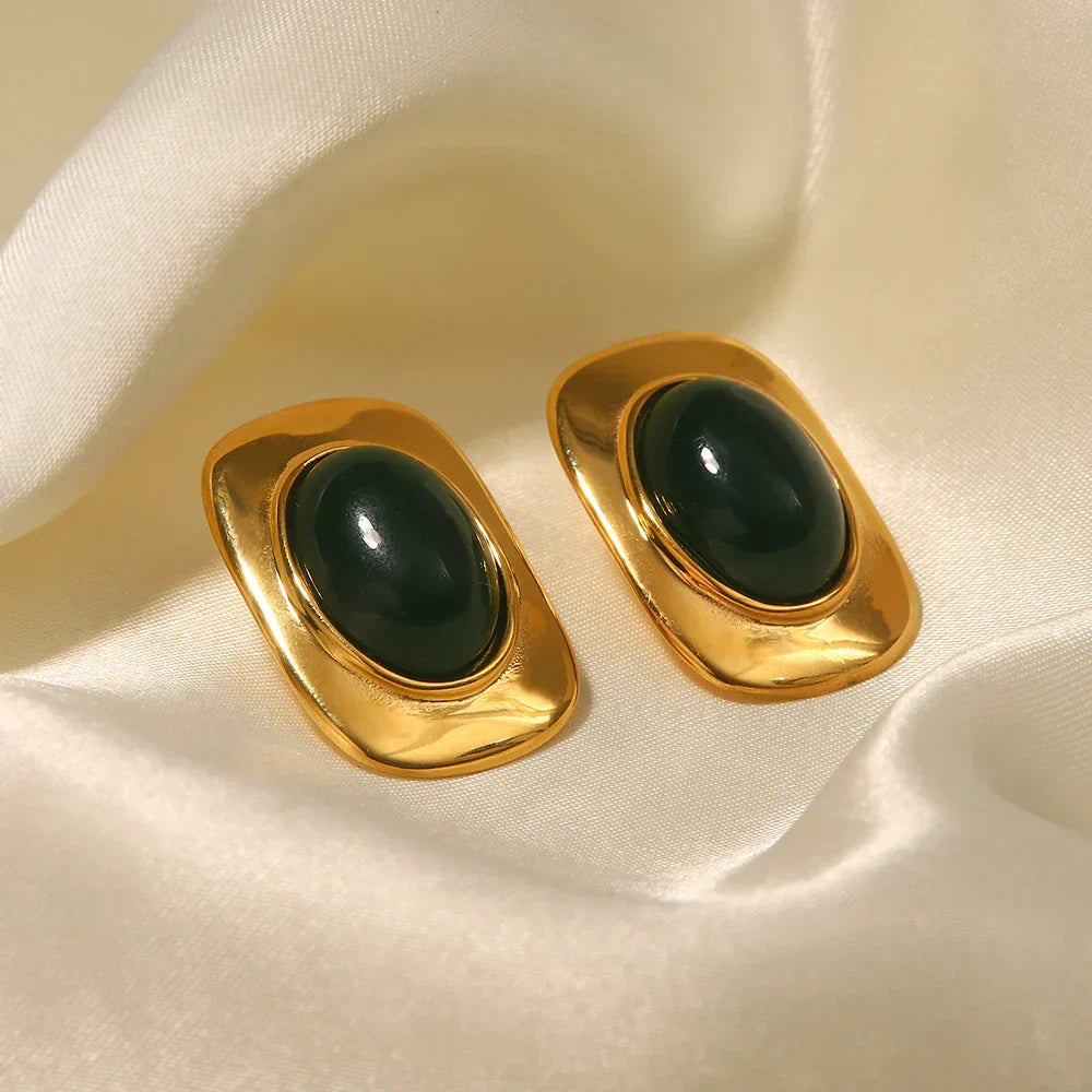 Pendientes Ovalados de Ópalo Verde Vintage 18K Color oro