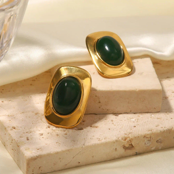 Pendientes Ovalados de Ópalo Verde Vintage 18K Color oro