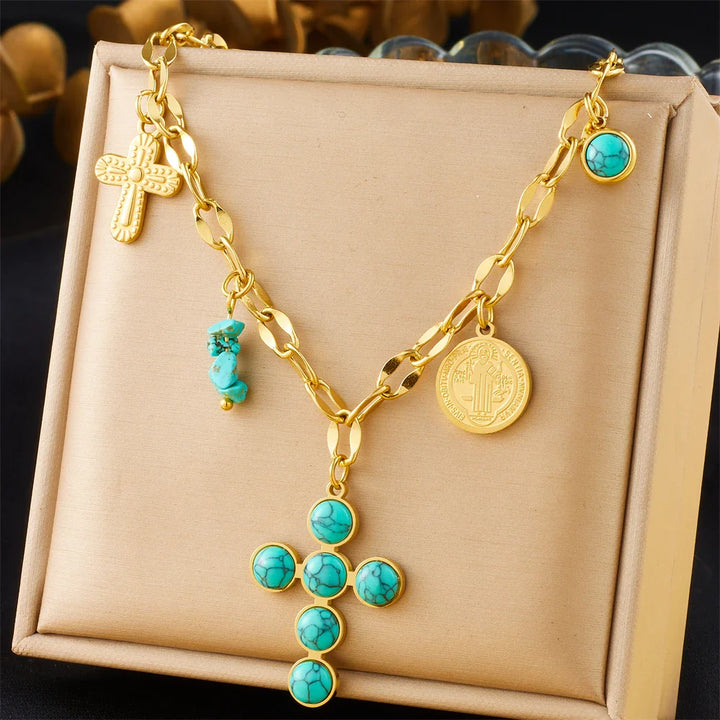 Collar Exclusivo de Cruz de Acero Inoxidable Turquesa