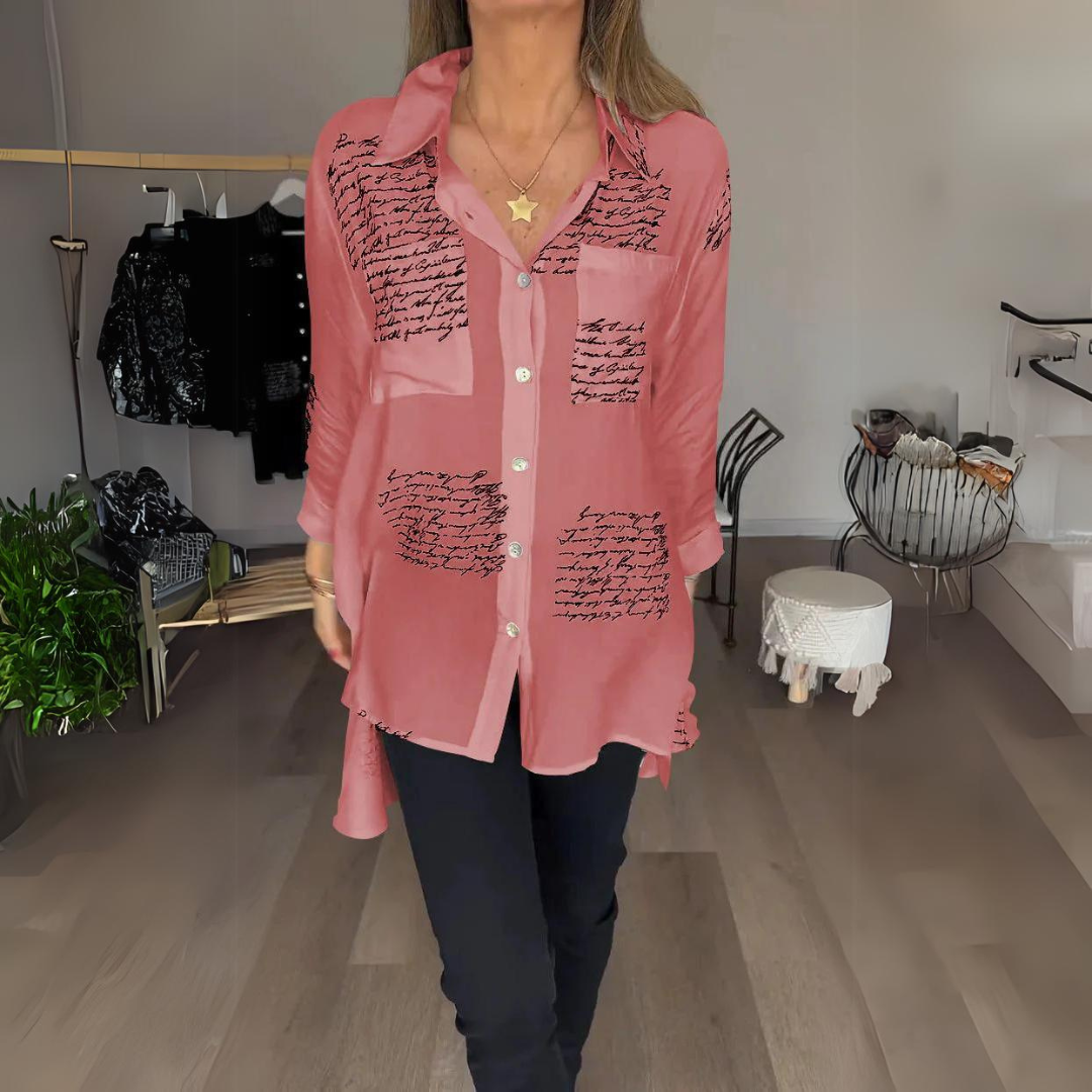 Blusa Abotonada con Estampado Manuscrito en Rot (Fast ausverkauft)