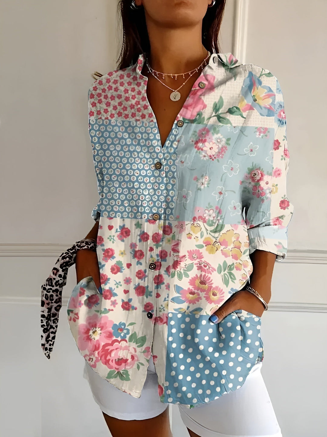 Blusa de Lino con Estampados Coloridos en Blumen Blau