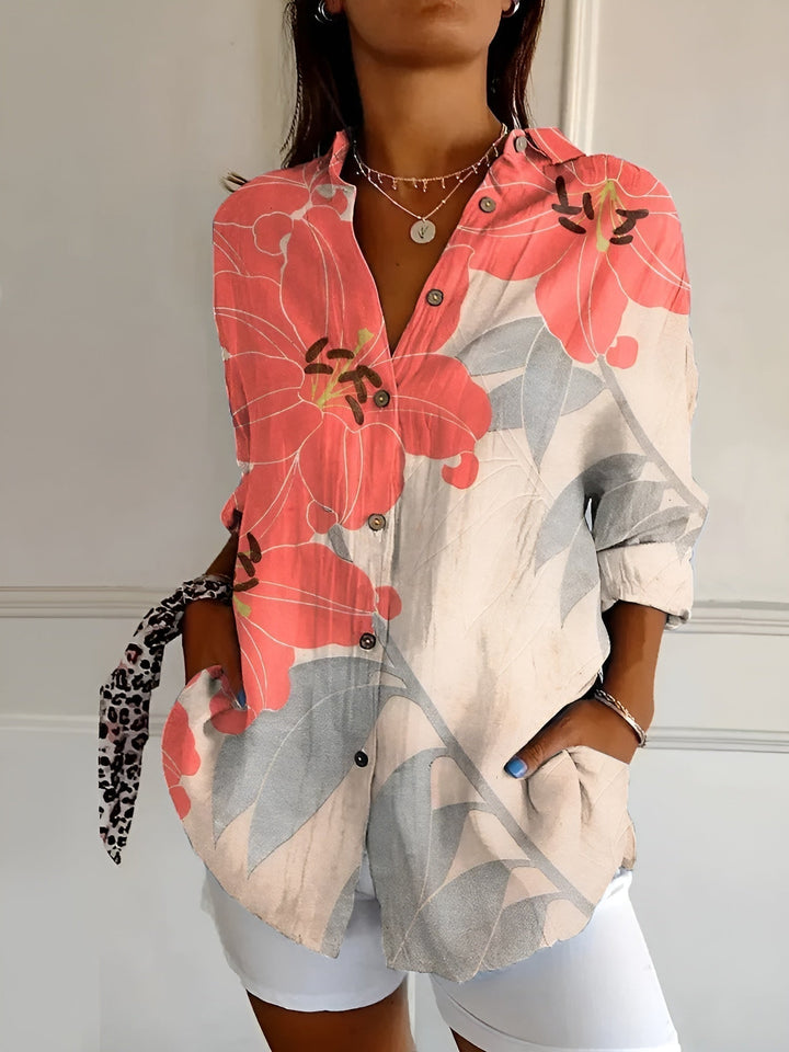 Blusa de Lino con Estampados Coloridos en Orange/Grau Floral