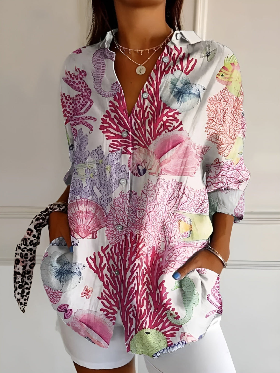 Blusa de Lino con Estampados Coloridos en Rosa