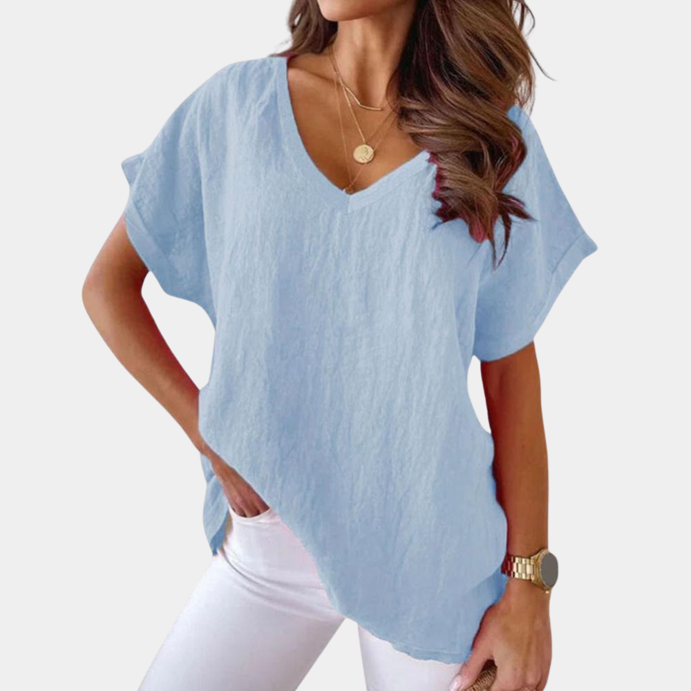 Blusa de lino ligera con escote V en Azul
