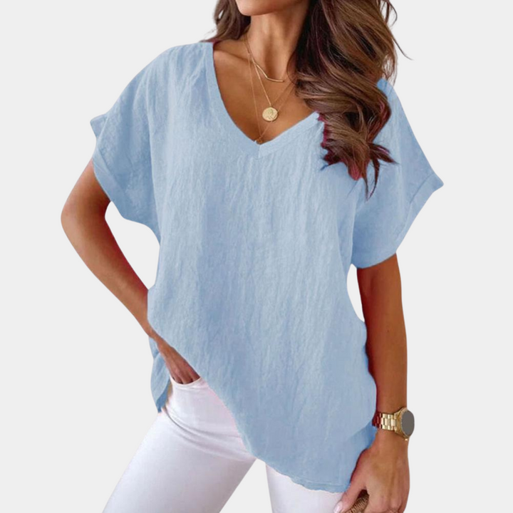 Blusa de lino ligera con escote V en Azul