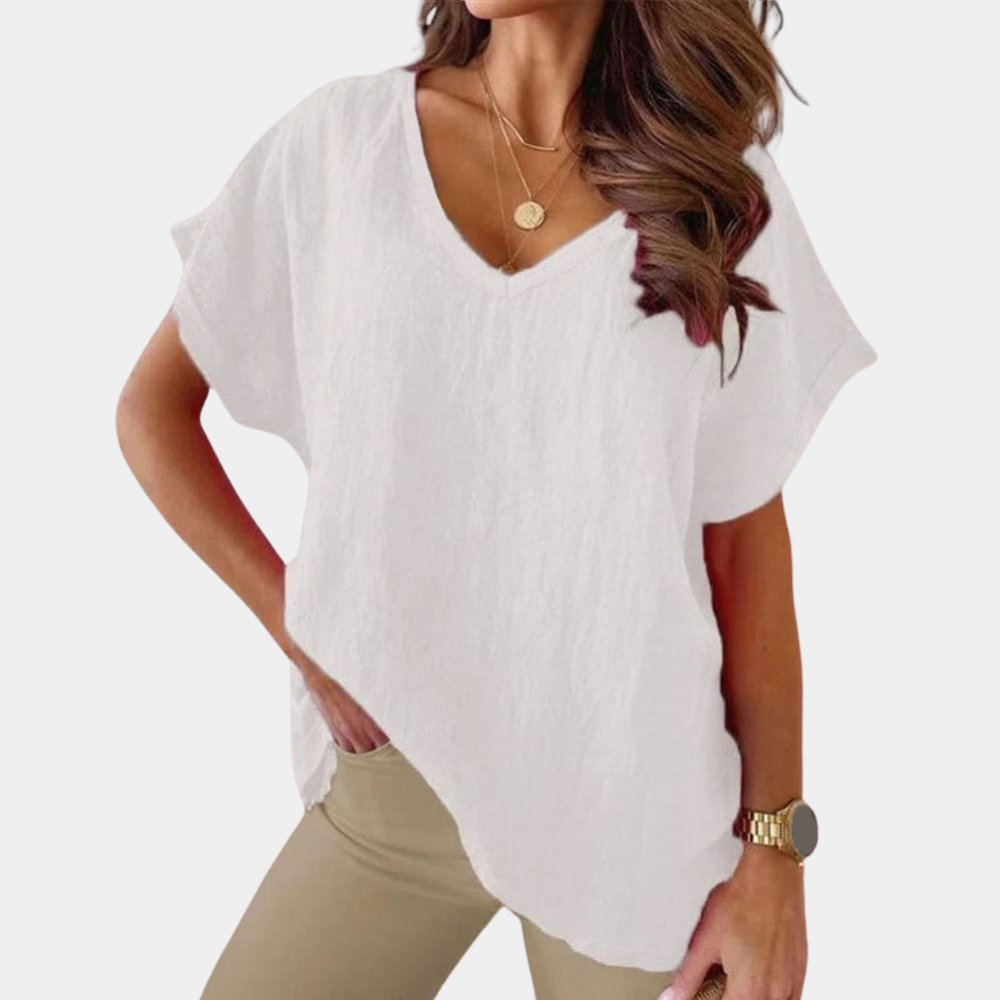 Blusa de lino ligera con escote V en Blanco