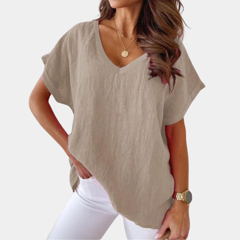 Blusa de lino ligera con escote V en Caqui 2
