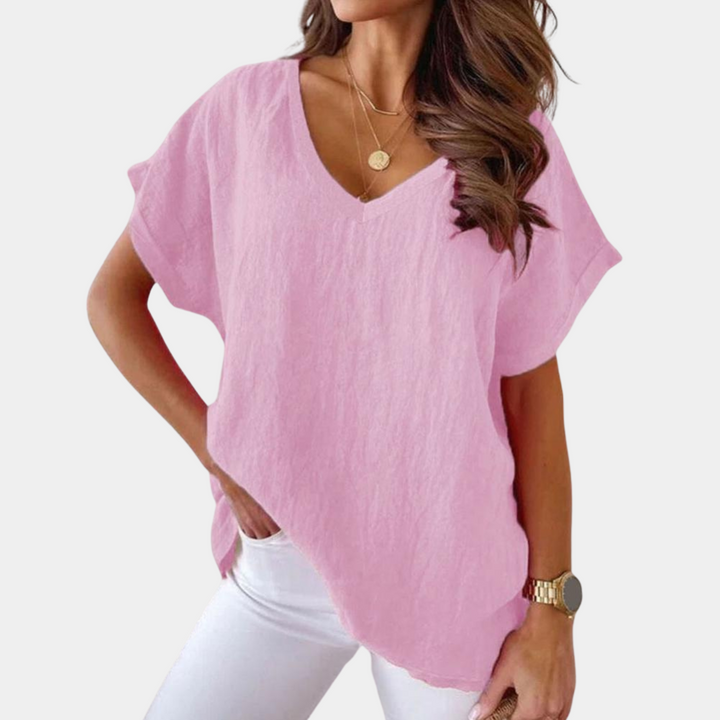Blusa de lino ligera con escote V en Hellrosa
