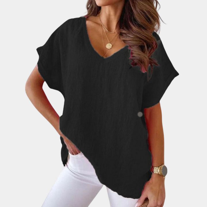Blusa de lino ligera con escote V en Negro