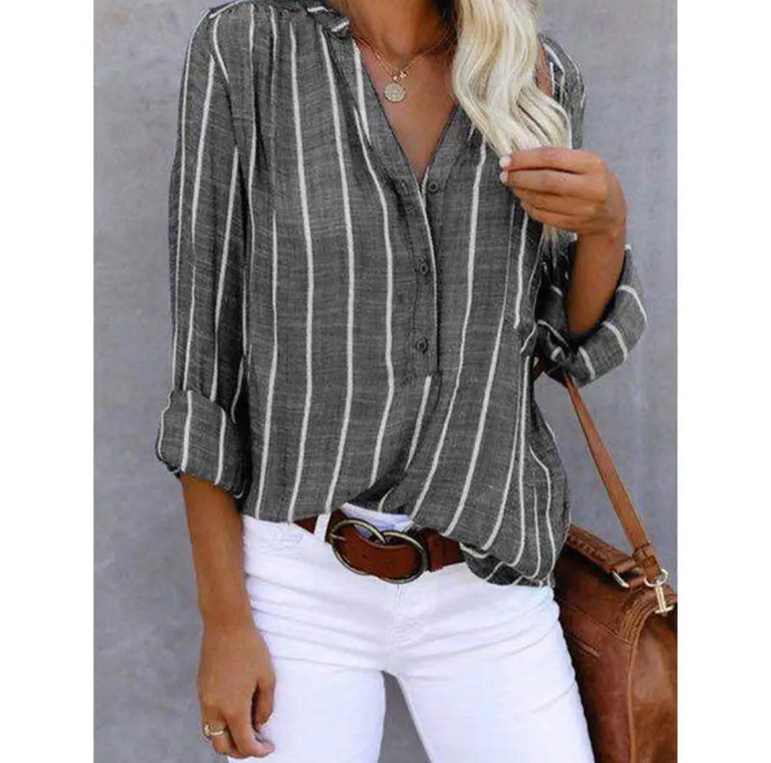 Blusa de Lino Rayada para Verano en Gris