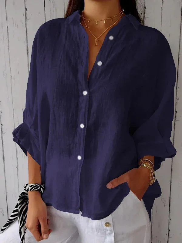 Blusa Lino Suelta para Mujer Verano en Azul oscuro
