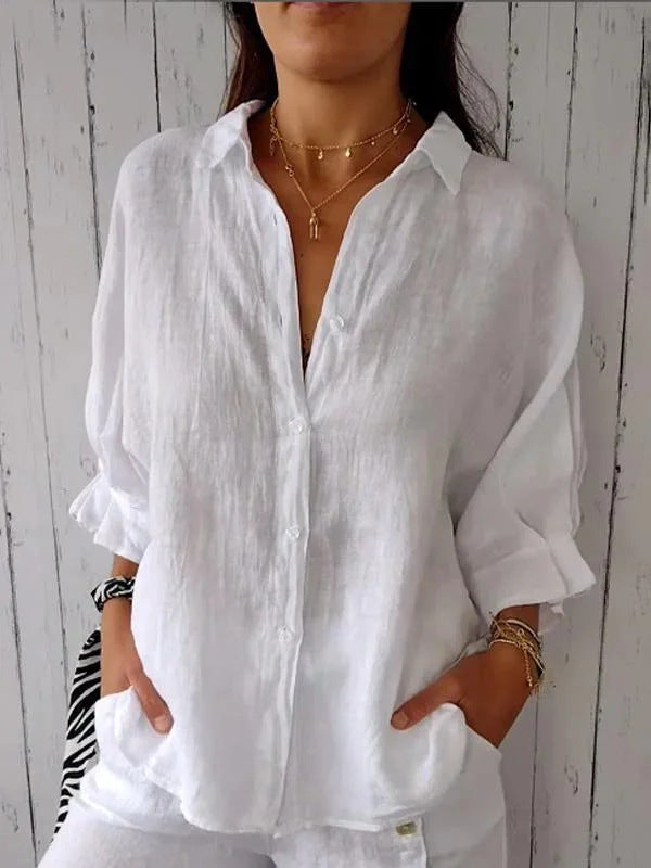Blusa Lino Suelta para Mujer Verano en Blanco