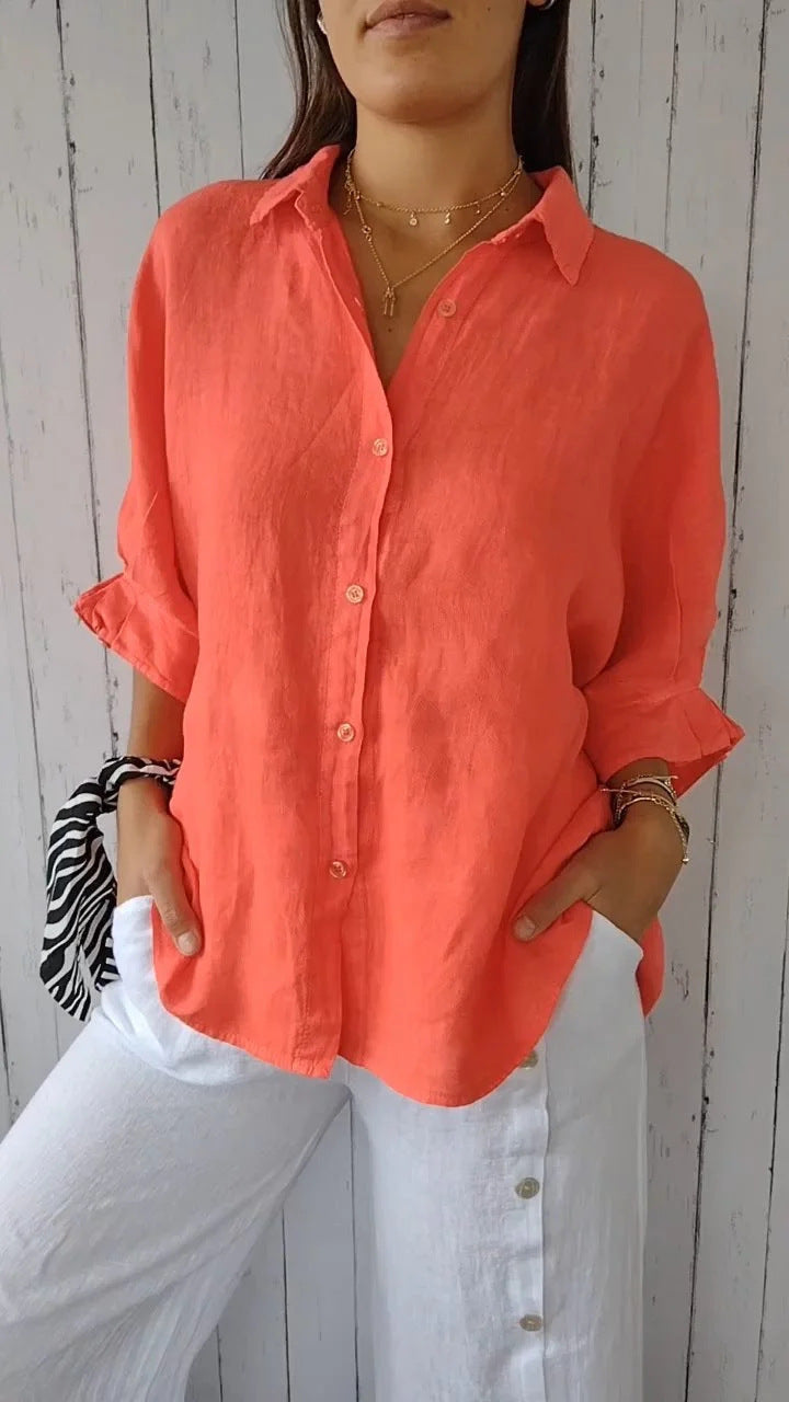 Blusa Lino Suelta para Mujer Verano en Naranja