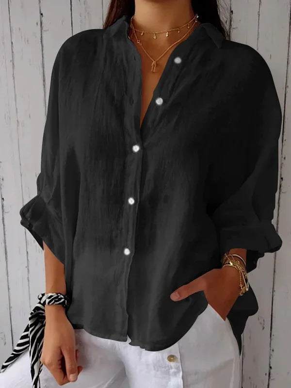 Blusa Lino Suelta para Mujer Verano en Negro