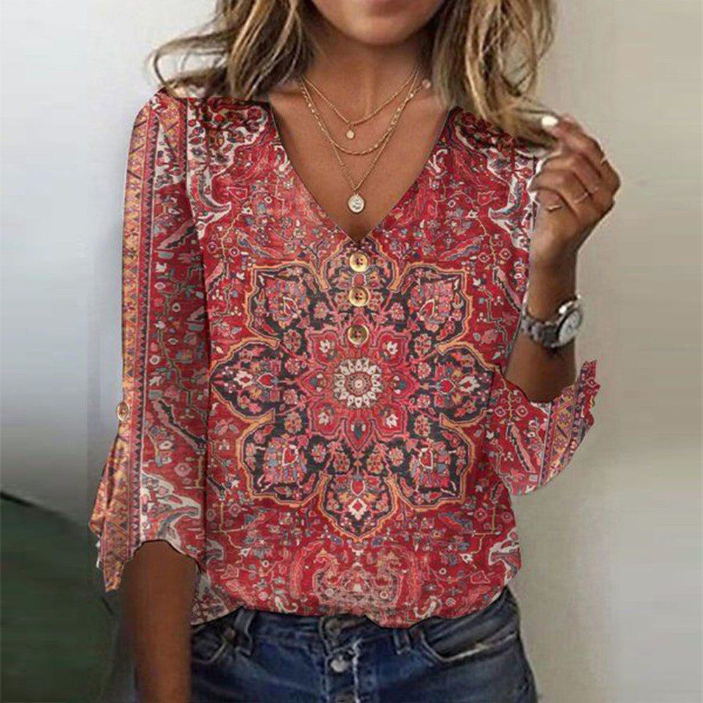 Blusa Mujer Estampado Boho Oriental para Verano en Rojo 1