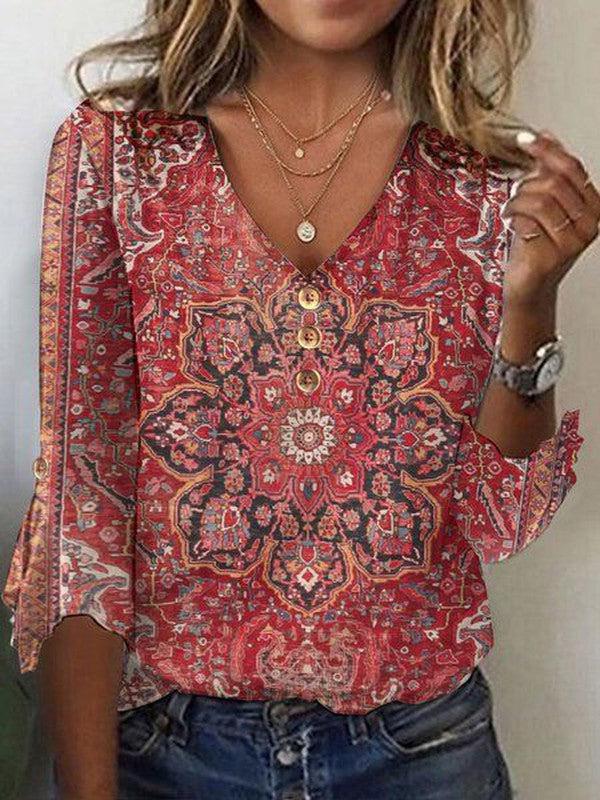 Blusa Mujer Estampado Boho Oriental para Verano en Rojo 2